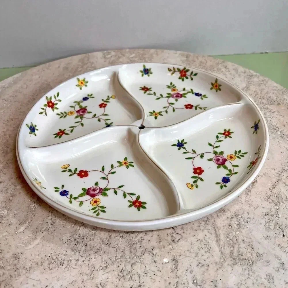 Vintage White Floral Round Four Section Divided Dish Plate Hand Painted Japan‎